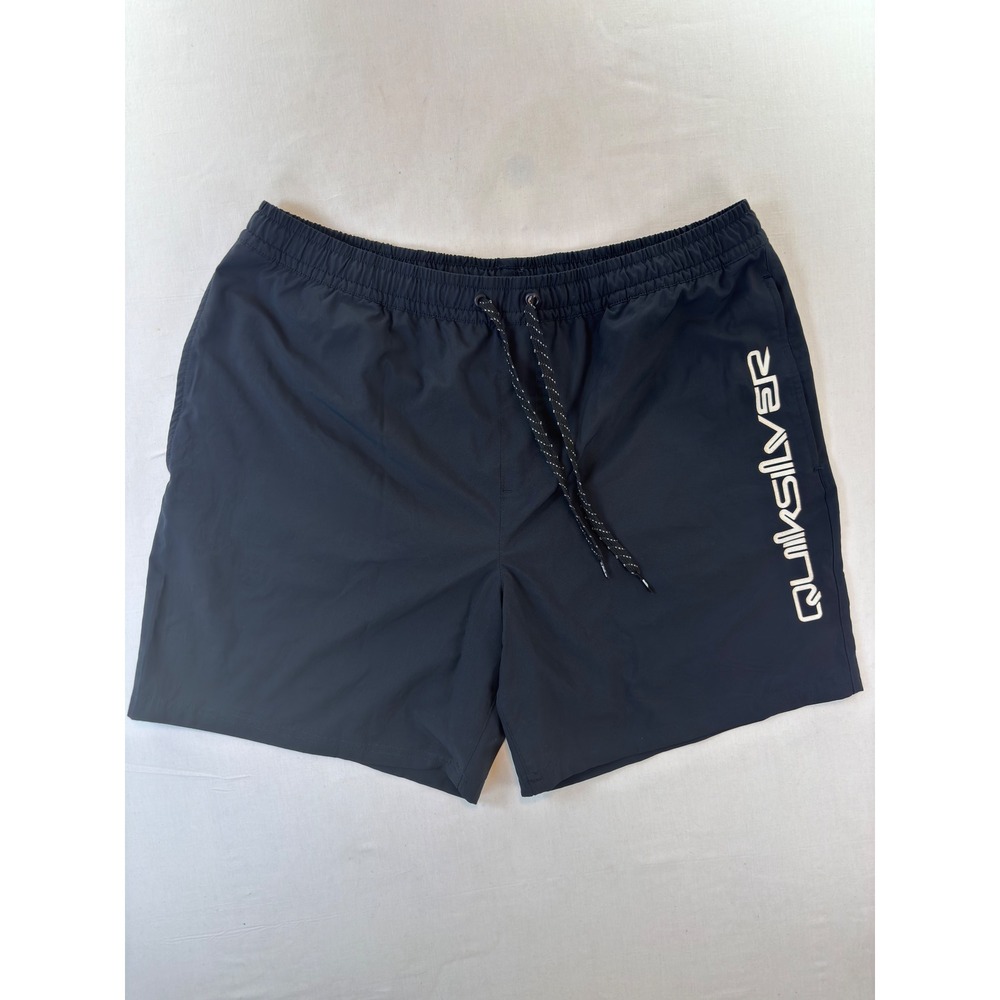 Quiksilver Mens Black Swim Trunks Board Shorts XL Graphic Logo Stretch Lining